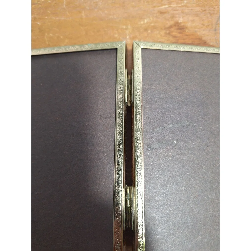 Vintage Brass Double Picture Frame Hinged Folding Filigree Gold Tone 5x3.5
